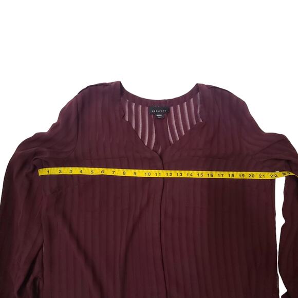 Metaphor Burgundy red semi sheer button down vertical stripe top large - Picture 8 of 10